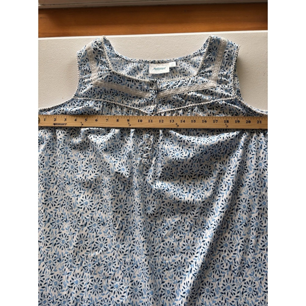 Vintage National Nightgown House Dress 1X Blue White Lace Bodice Ruffle Hem S/L - Picture 9 of 12